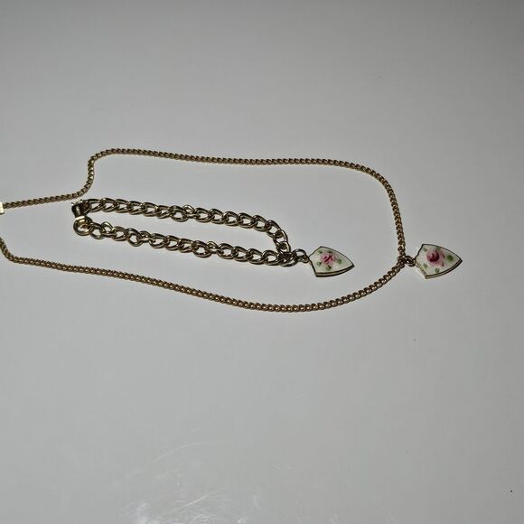 Vintage Emmons Gold Tone Guilloche Enamel Shield Charm Necklace & Bracelet Set - Picture 14 of 15